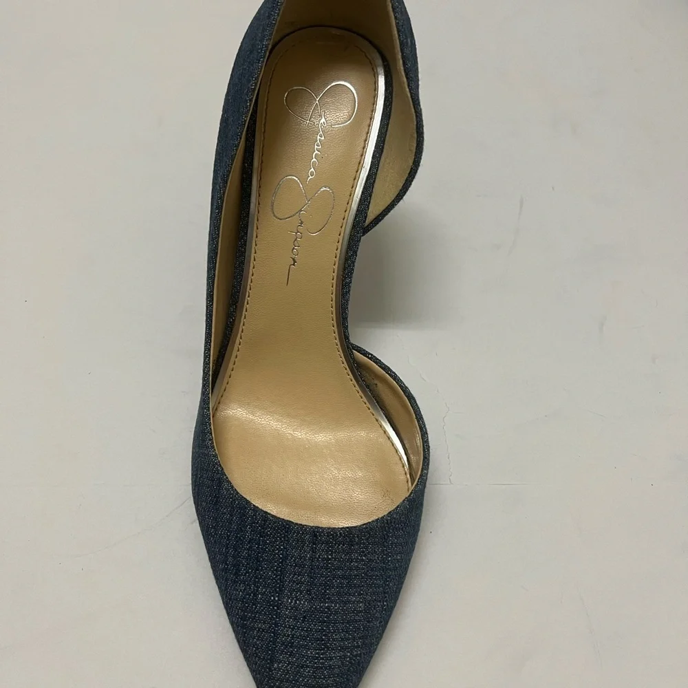 Jessica Simpson denim blue with a cork sole and  Stiletto high heels sz8.5 - Picture 8 of 11